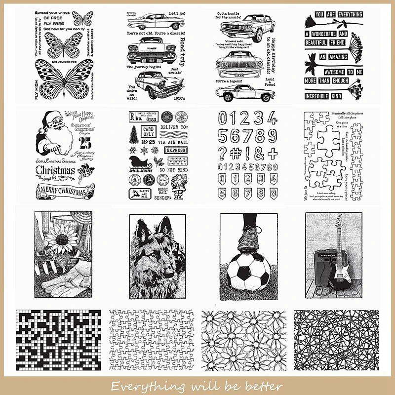 

Clear Silicone Stamps Cars Butterfly Santa Flower Numbers Wolf Guitar Football Puzzle Background Letters Embossing Paper Cards