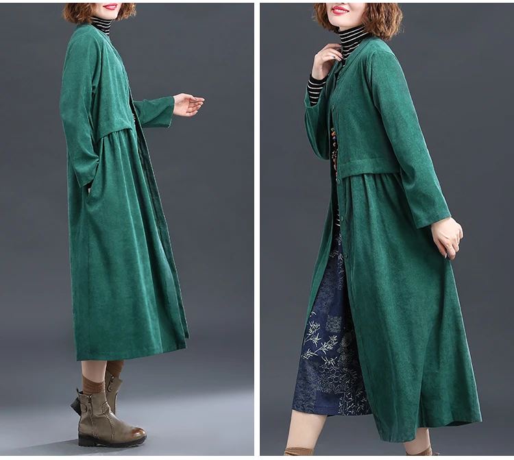 Черный, зеленый, красный Свободный вельветовый Тренч Весна Осень Женщины o-образным вырезом с длинным рукавом старинные длинные пальто Верхняя одежда m-xxl