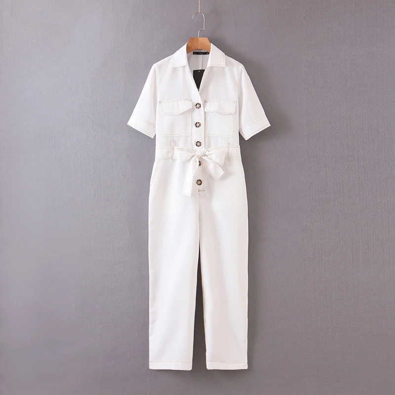 

Women Spring Cotton Jumpsuits Cargo Pants Short Sleeve Turn Down Collar Single Breasted Slim Office Lady Overalls Rompers XB9156