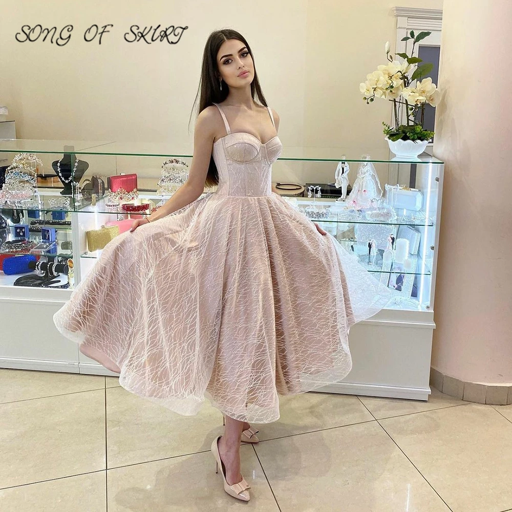 

Elegant Tea Length Homecoming Dresses Sweetheart Thin Shoulder Strap Classmate Reunion Prom Party Gowns Vestidos De Fiesta