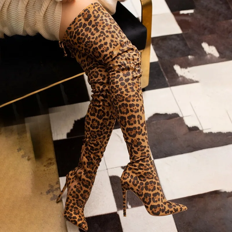 2021 New Autumn Winter Women's High Boots Fashion Pointed Toe Leopard Heel Shoes Side Zipper Massivewe Plus Size Goth |