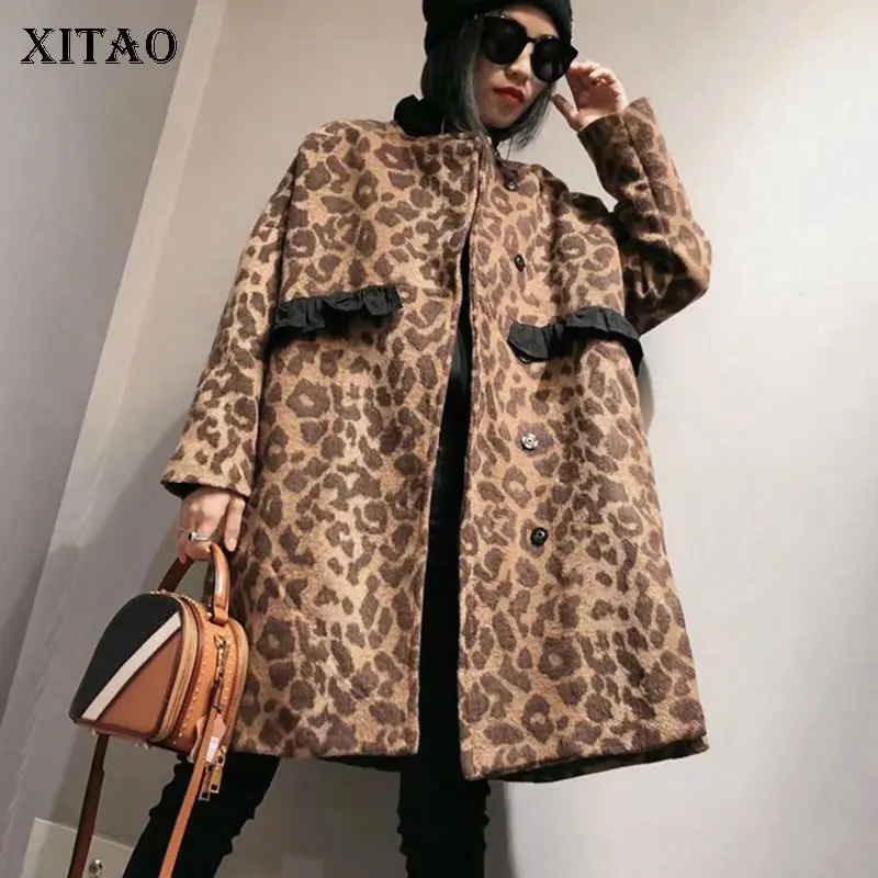 XITAO, леопардовая куртка размера плюс, женская одежда, зима, длинный рукав, вязаный, пэчворк, карман, оборки, Элегантное повседневное пальто DMY1392