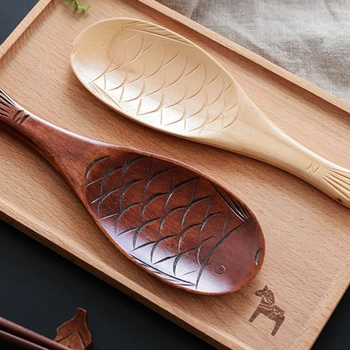

Kitchen Wooden Rice Serving Spoon Wood Rice Paddle Spatula Cute Fish Rice Spoon Scoop Potato Meal Server Cooking Tools