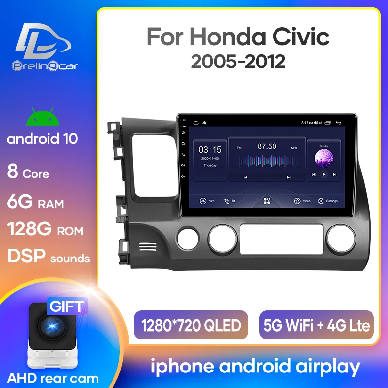 Prelingcar Car Radio Android 10 Stereo Receiver For Honda Civic 2005-2012 Video Player Multimedia Navigation GPS No 2 Din Dvd | Автомобили