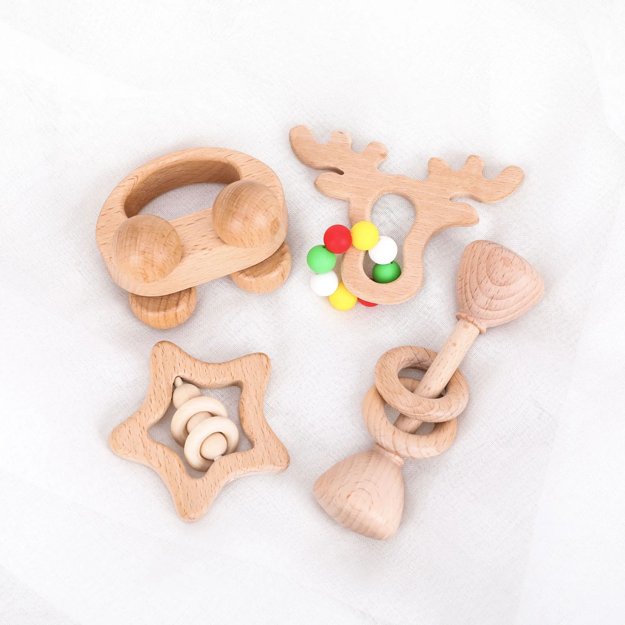 1set 4pcs Let'S Make 4 шт. детские игрушки лося автомобиль деревянная погремушка-грызунок Бук деревянные игрушки набор Прорезыватель силиконовые бусины детская погремушка для детской кроватки комплект - Цвет: 1set 4pcs