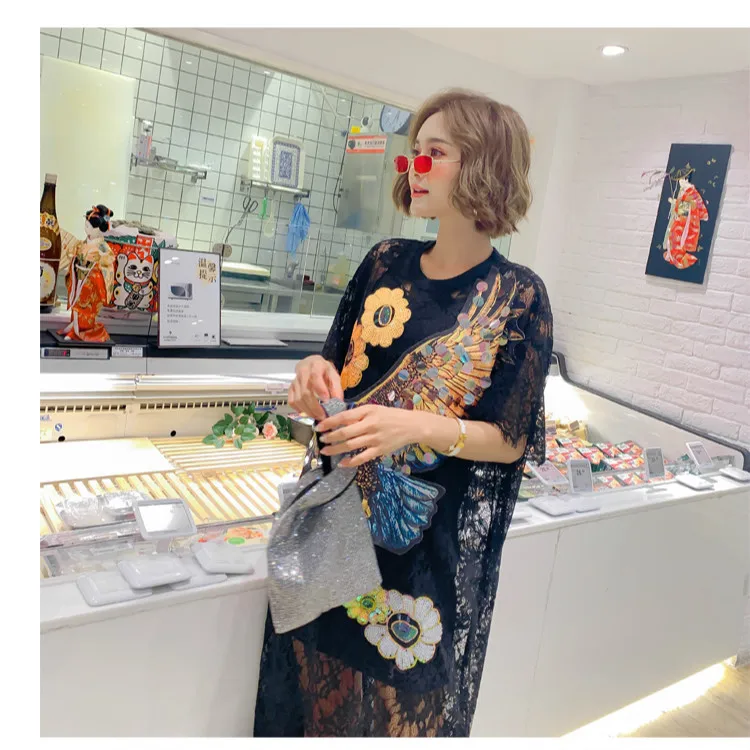 Женское пляжное платье с рисунком орла, лето, открытые платья с коротким рукавом, черное тонкое платье с блестками, BJ1142