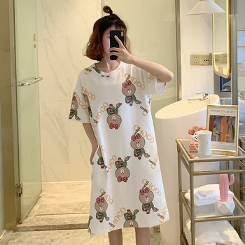 

Cute Cartoon Sleepwear Women Summer Short Sleeve Nightdress Cotton Loose Casual Homewear Outerwear Round Neck Nightgown S175