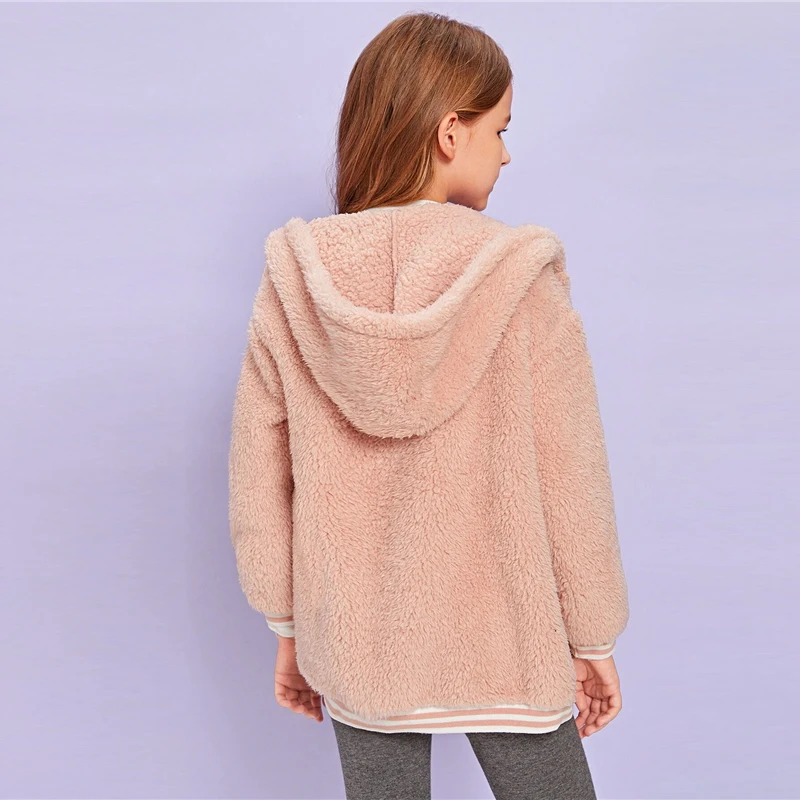 SHEIN/детская розовая куртка в полоску с карманами и капюшоном спереди для девочек; Детское пальто; коллекция года; сезон осень-зима; элегантные куртки с длинными рукавами