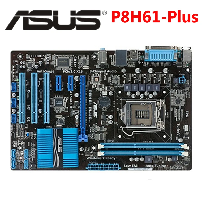 LGA 1155 ASUS P8H61 Plus, оригинальная материнская плата ASUS P8 H61, разъем ATX DDR3, DVI, VGA, USB2.0, 16 ГБ, системная плата для настольного компьютера, б/у