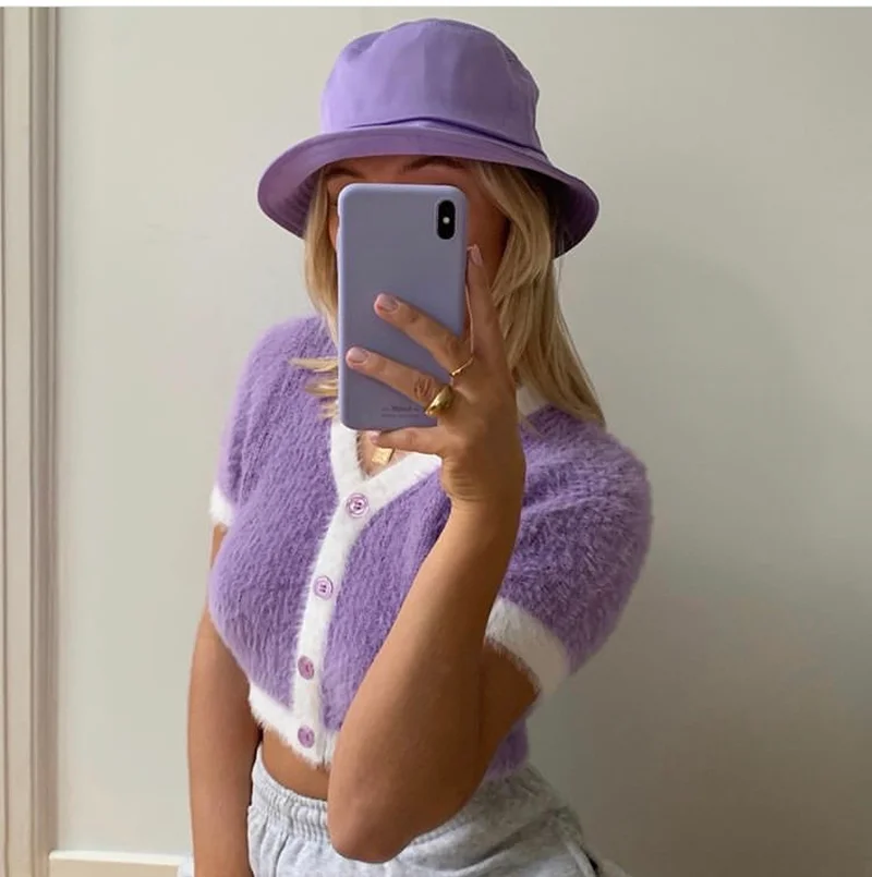 

2020 Spring Korean Sweater Women Vintage Pink Cardigan Knitted Cute Sweater Punk Crop Sweater Knit Cardigans Cute Kawaii Purple