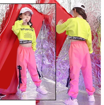

Kids Girls Dance Costume Summer Sweatshirt pants Hip Hop Stage wear Outfits Street Dancing wear Fluorescent Green Clothes Set