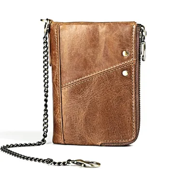 

enuine leather men RFID wallet with Anti theft Chain card holders male short wallet Double zipper coin purse vintage