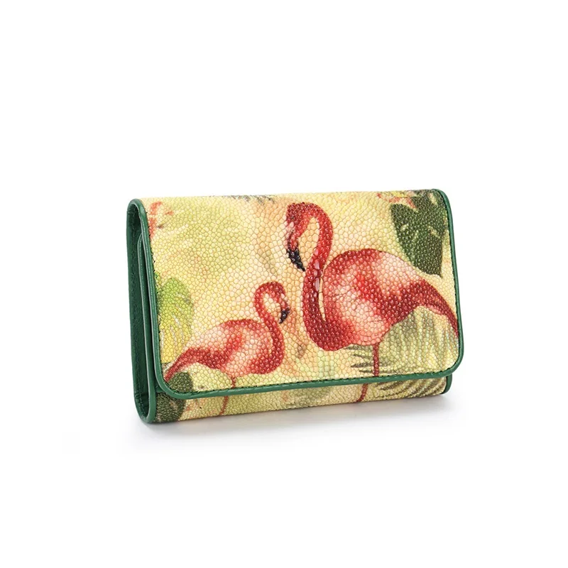 

Flamingo Pattern Women's Card Purse Authentic Stingray Skin Lady Coin Pocket Wallet Genuine Exotic Leather Female Small Clutch