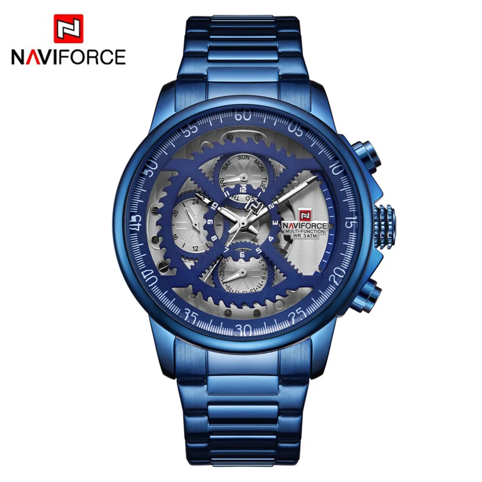 NAVIFORCE Брендовые мужские спортивные часы, класс водонепроницаемости, часы из нержавеющей стали, кварцевые часы, 24 часа системы, модные мужские часы, деловые; на каждый день - Цвет: White-blue