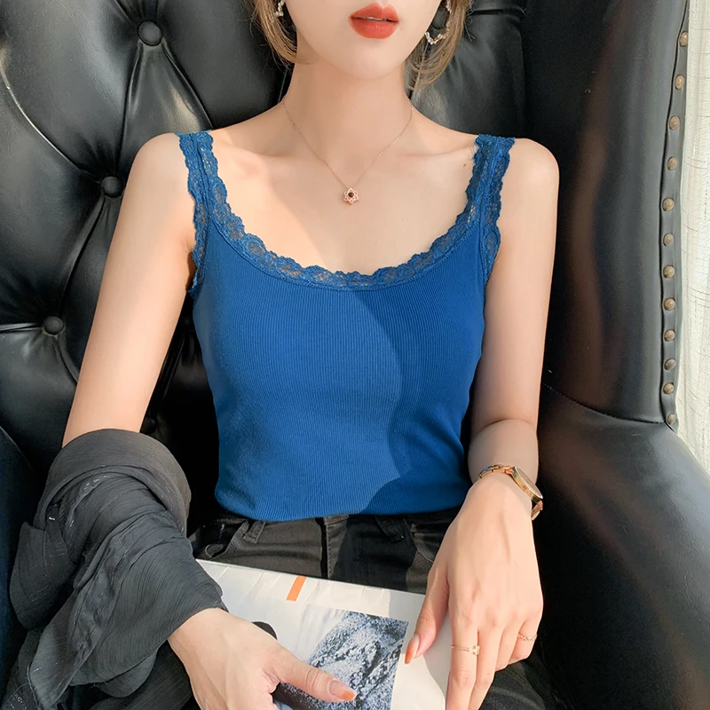 

2022 New Spring Women T Shirt Vest O Neck Lace Solid Color Blue Pink Female Underwaist Top Quality