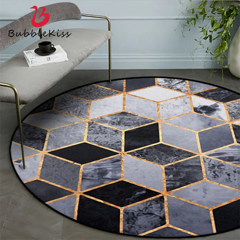 Bubble Kiss Nordic Style Black Gold Square Pattern Round Carpet Home Living Room Decor Floor Mat Polyester Rug for Children Room