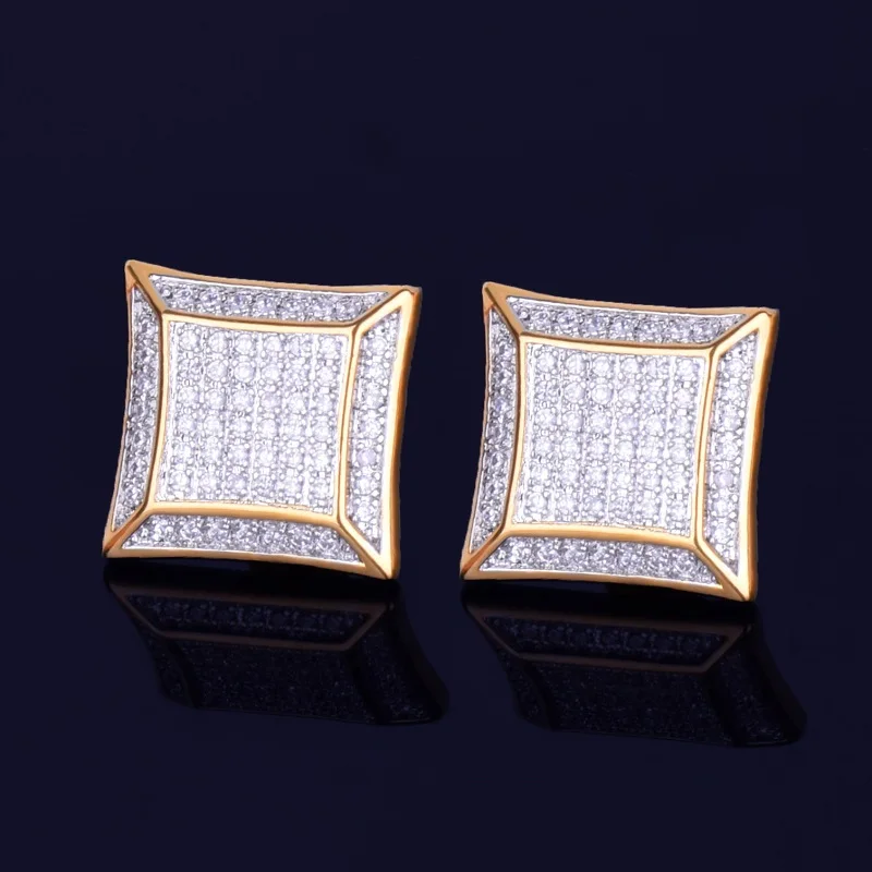 15MM Big Square Men Stud Earring Gold Silver Full Cubic Zircon Screw Back Earrings Hip Hop Jewelry for Women - Окраска металла: Gold 2