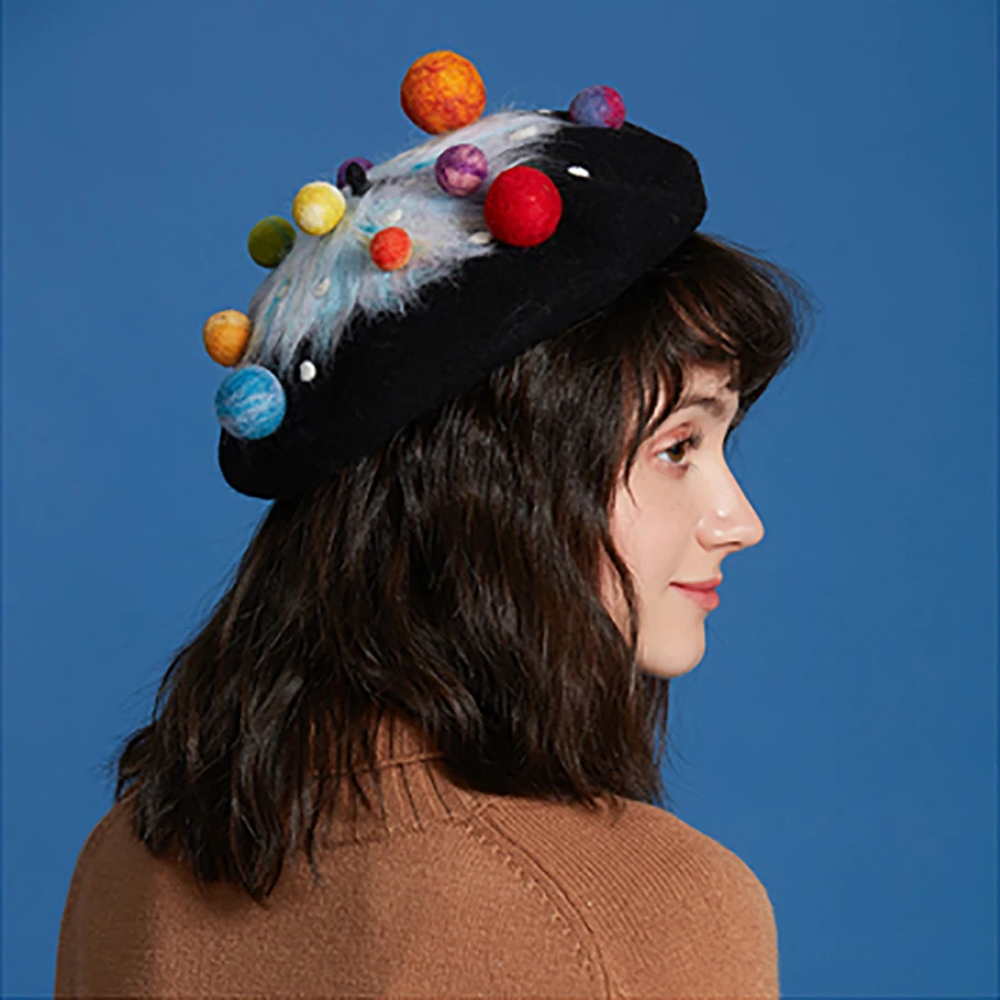 

Handmade Wool Planet Berets Cute Night Sky Christmas Wizard Hat For Women Winter Warm Gift Hat High Quality Ladies Felf Berets
