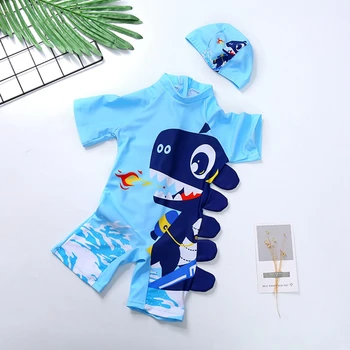 

Baby Kids Swimwear Boys Cartoon Dinosaur Printed Swimsuit One-Piece Swimming Suit With Hat Set Beachwear New Summer Pool Clothes
