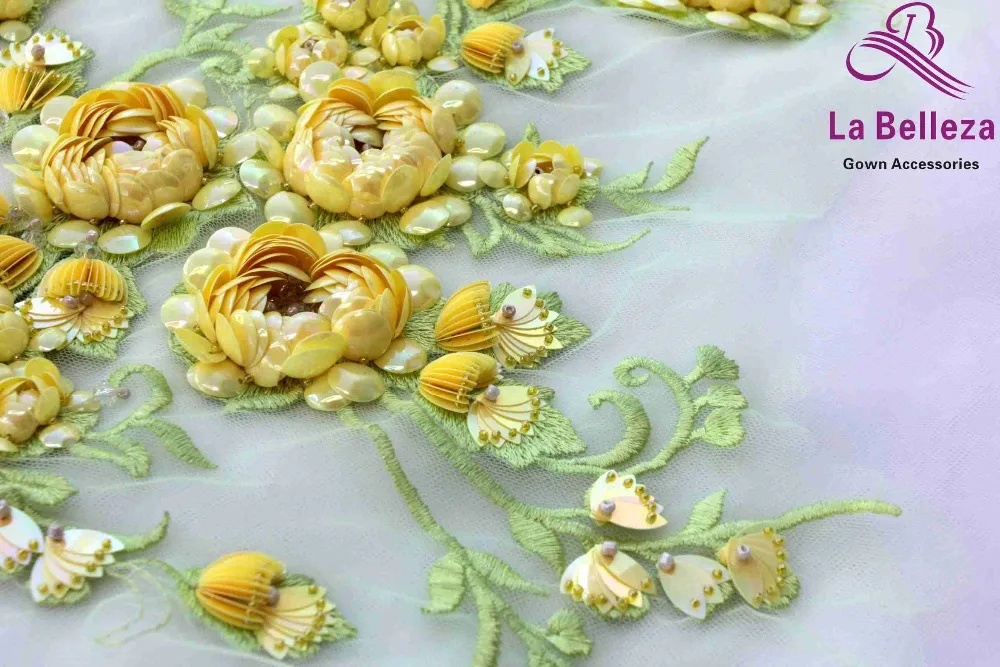 Ivory/pink/yellow flower large pattern with beads applique patch ployester embroidery patch wedding dress Accessories