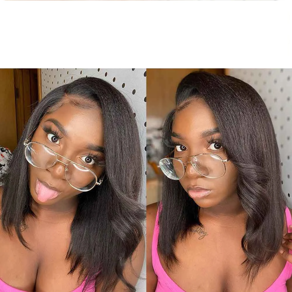 Middle Part Soft Yaki 180 Density Short Bob Kinky Straight Short Cut Wigs Natural Black Lace Front Wig For Women Daily Cosplay