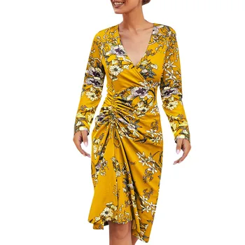 

KLV dress women dress Women Fashion Sexy Floral Print Slim Drawstring Wrapped Long Sleeve Dress платье женское Free shipping D4