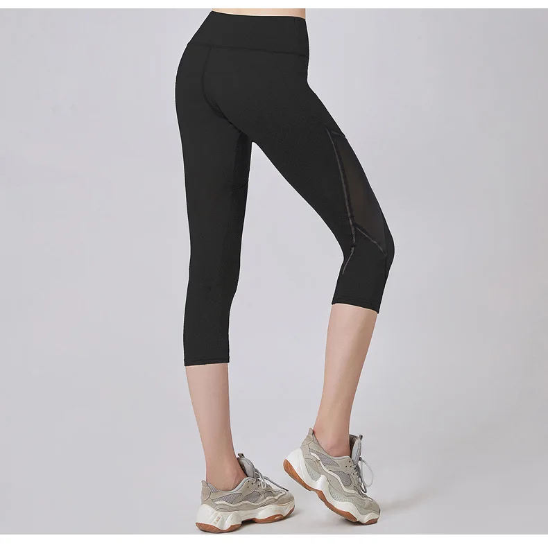 Summer Women Sport Leggings Cropped Yoga Pant Elastic Mesh Capris Quick Dry Running Crop Trousers Female Gym Pant Fitness Tights