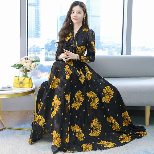 2021 New Spring And Autumn Dress Black And White Apricot Print Long Skirt High Quality Oversized Flower Long Sleeve Women's Chif Black