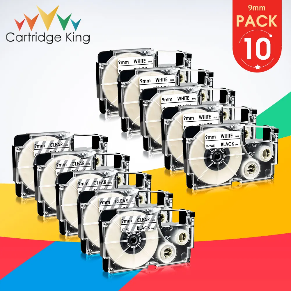 

10PCS XR-9X Black on White XR-9WE Black on Clear 9mm Label Tape for Casio KL-60 KL-120 KL-70e KL-100e KL-100 KL-200 Label Maker