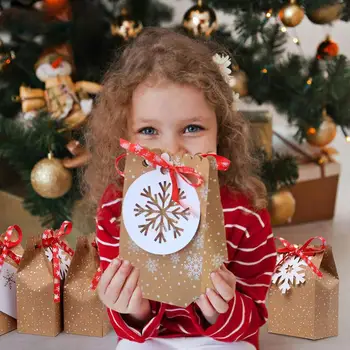 

12/24 Pcs Snowflake Kraft Paper Bags Christmas Gift Bags Candy Box Food Cookies Packing Xmas New Year Noel Navidad Party Favors