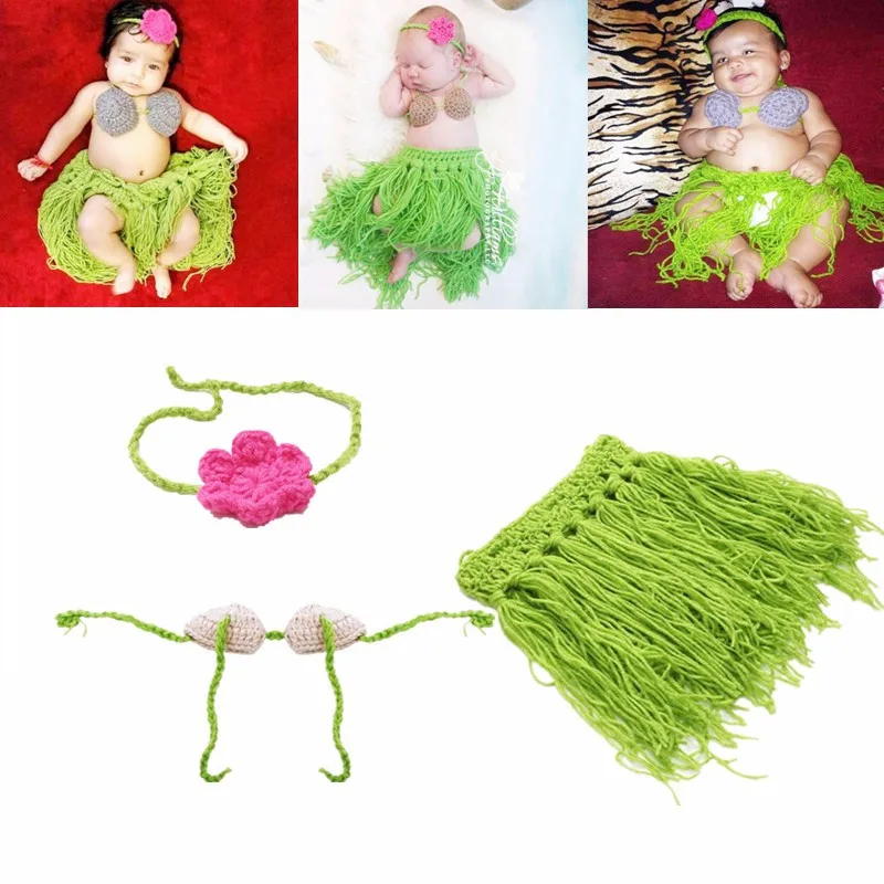 3Pcs/Set Baby Newborn Cute Beach Grass Skirt Suit Crochet Knit Costume Infant Photography Photo Props Clothes newborn family photos