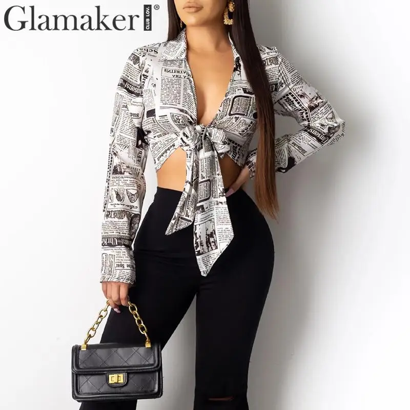 Glamaker, модная блузка с буквенным принтом и галстуком-бабочкой, рубашка, Женская Осенняя облегающая блузка с длинным рукавом, женские сексуальные вечерние короткие топы