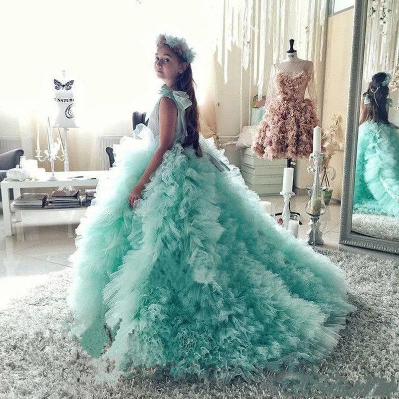 Turquoise Cloud Tulle Flower Girl Dress Girls Pageant Gowns Customized Flower Girl Dress For Wedding Sweep Train Girls Clothes