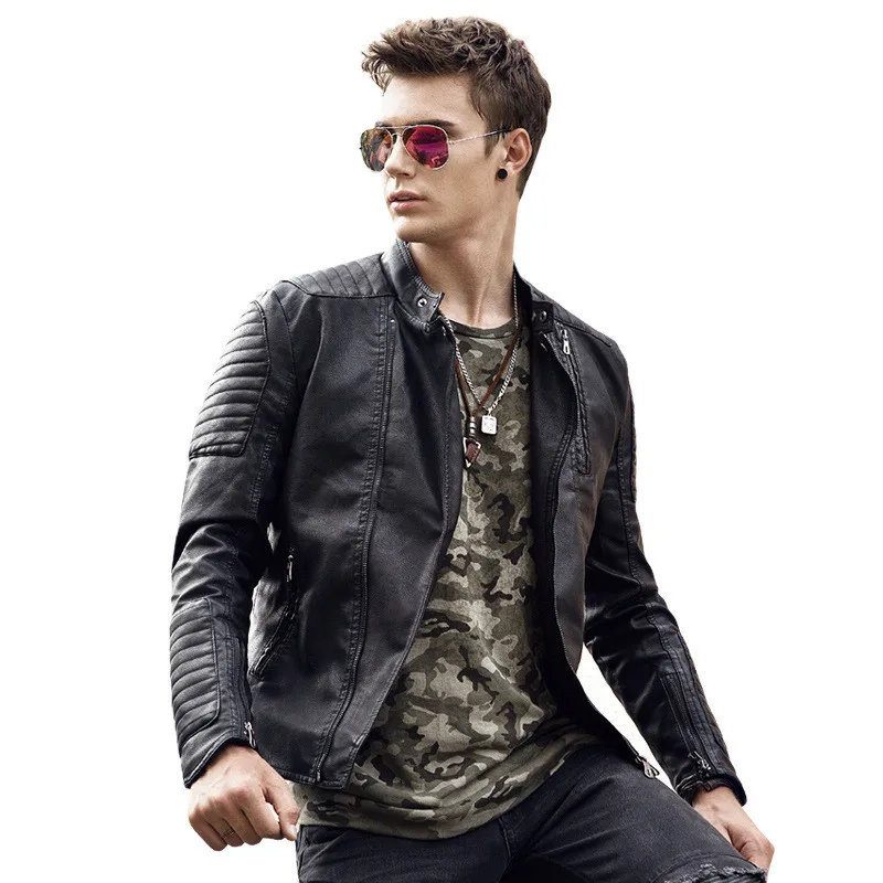 

GustOmerD Autumn Men's Leather Jacket Jacket British Fashion Stand Collar Jacket Solid Color Zipper Long Sleeve Jacket Men