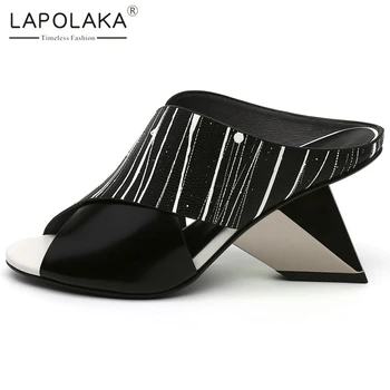 

Lapolaka 2020 Fashion Genuine Cow Strange Style Summer Pumps Mules Women Shoes Peep Toe Slip-On Black Shoes Woman Pumps