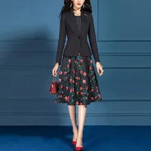 Женские костюмы элегантный офисный леди формальный тонкий длинный рукав Блейзер Куртка размера плюс до колена Цветочное платье А-силуэта комплект из двух предметов