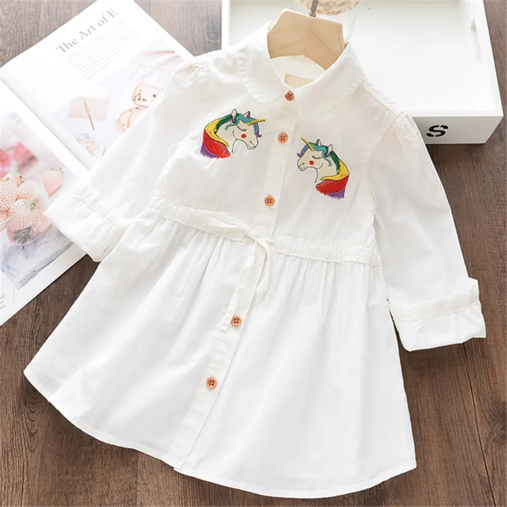 

2019 Autumn New Medium And Children'S Pure Color Dress Color Unicorn Embroidery Dress Denim Skirt