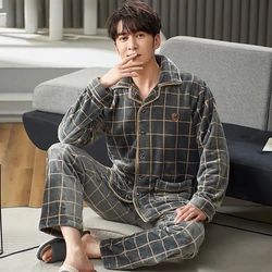 Flannel Pajama Sets Men Winter Men's Pajamas Thick Warm Lounge Set Fashion Striped Embroidery Male Pijama Casual Loungewear 3XL
