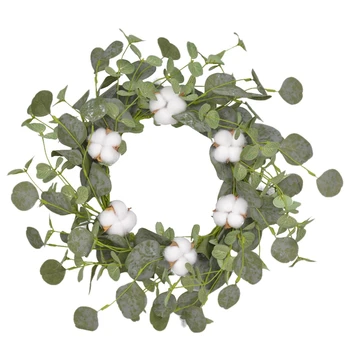 

Artificial Eucalyptus Green Leaf Wreath with Cotton, Spring Summer for Front Door Bedroom, Easter Valentine Decor