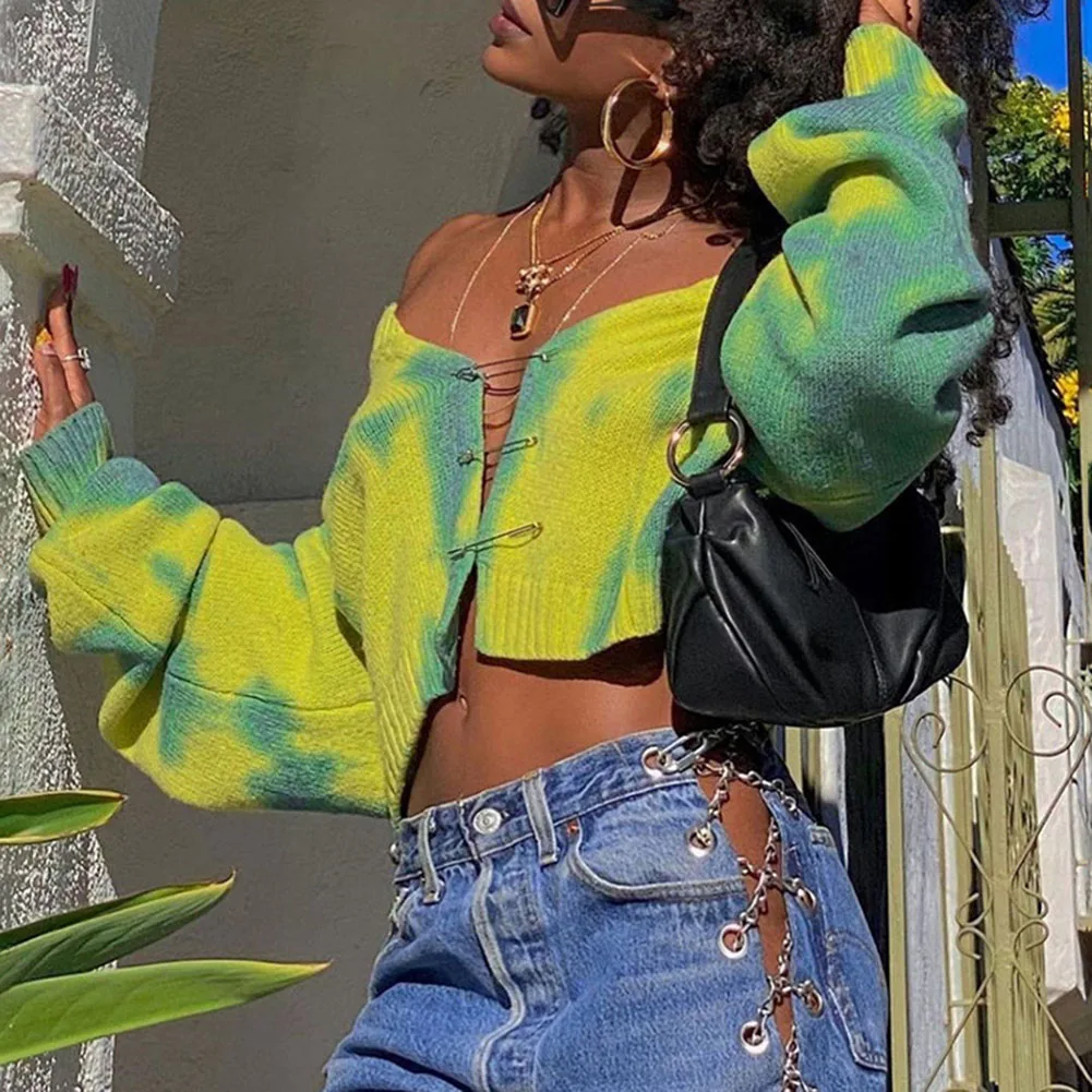 

Tye Die 2021 Winter E-Girl Sweaters Gathic Y2k Cardigan Button Up Chic Knitted Korean Loose Warm Fuzzy One-sized Streetwear