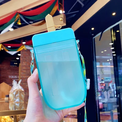 Cute Popsicle Straw Cup with Strap - 300ml Portable Plastic Water Bottle