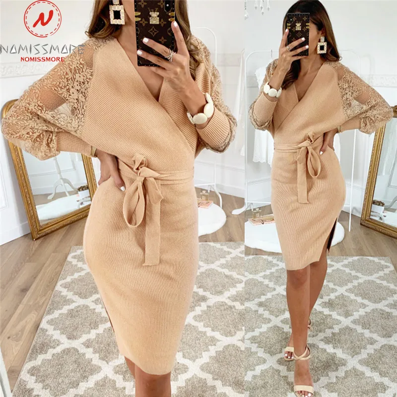Women Autumn Dress for Streetwear Patchwork Hollow Out Design Lace Decor V-Neck Long Sleeve Backless Low Split Bandage Dress Women Autumn Dress for Streetwear Patchwork Hollow Out Design Lace Decor V-Neck Long Sleeve Backless Low Split Bandage Dress
