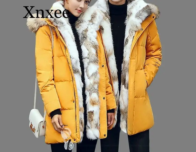 5XL белая куртка женская зимняя гусиное перо пальто Длинная парка из меха енота теплый кролик размера плюс верхняя одежда