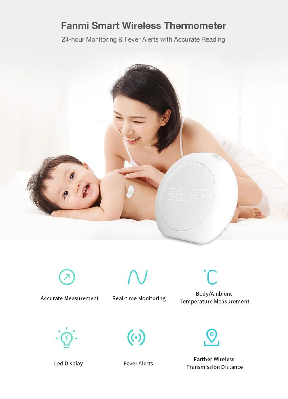 Fanmi fl-bfm001 термометр, 24 часа, умный монитор для детской температуры, беспроводные оповещения, носимые цифровые для младенцев и малышей