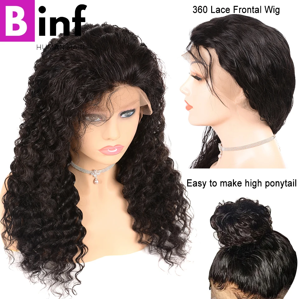 BINF Hair Indian Deep Wave Human Hair Wigs 360 Lace Frontal Wig With Baby Hair Pre-Plucked Remy Hair Natural Black For Women