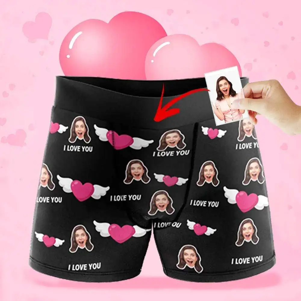M Yescustom Face Love Heart And Wings Men's Print Boxer Personalize Photo Briefs Valentines Day Gift Cotton Casual Underwear | Мужская