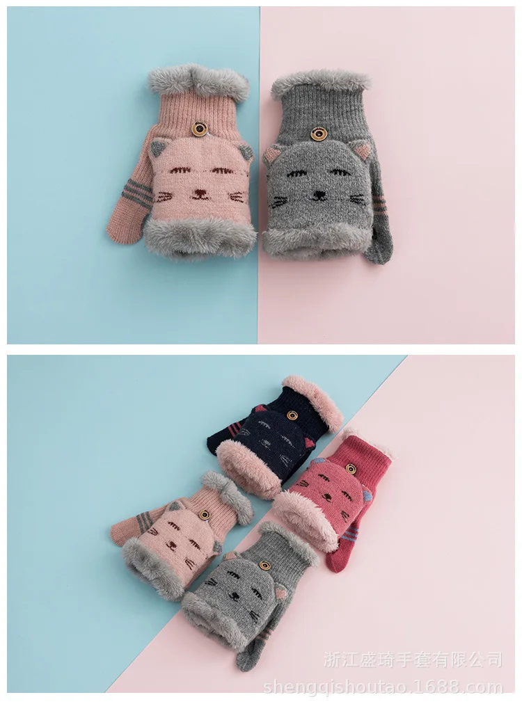 Sheng qi Winter New Style Knitted Women's Flip plus Velvet Korean-style Warm Students Gloves Manufacturers on Behalf