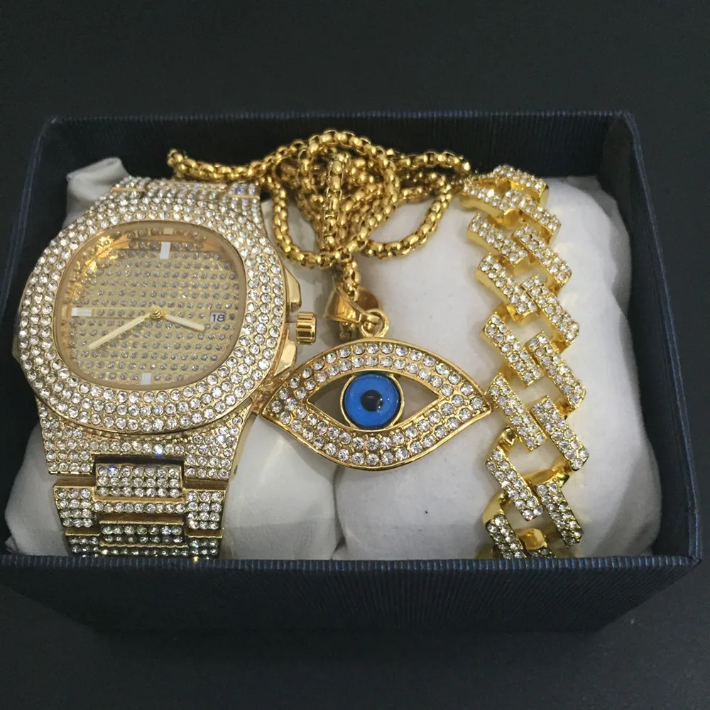 

Hip Hop Men Bracelets Gold Color Ice Cream Crystal Miami Cuban Chain Gold Silver Lurxuy Men Watch + Bracelet Set Hip Hop King