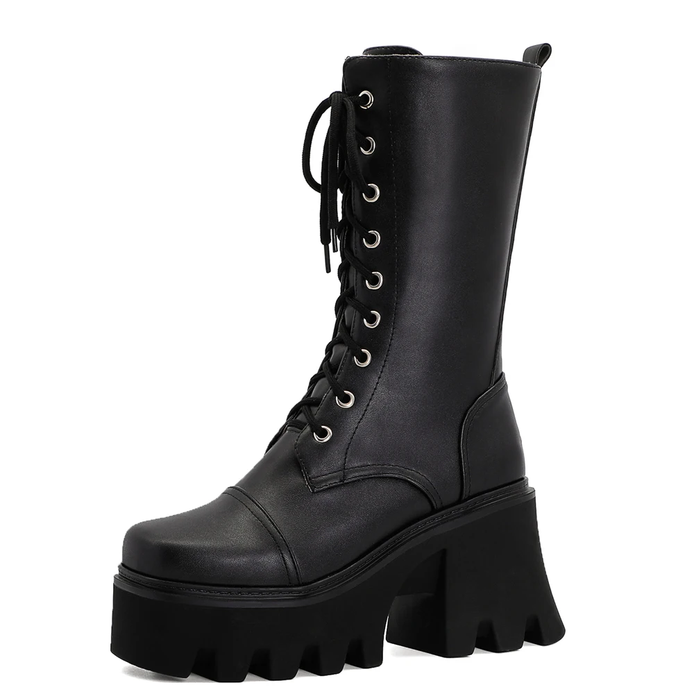

2020 New Thick-Heeled Cross-Lace Boots Round Toe Lace-Up All-Match High-Heeled Polyurethane Fleece Knee-Length Boots