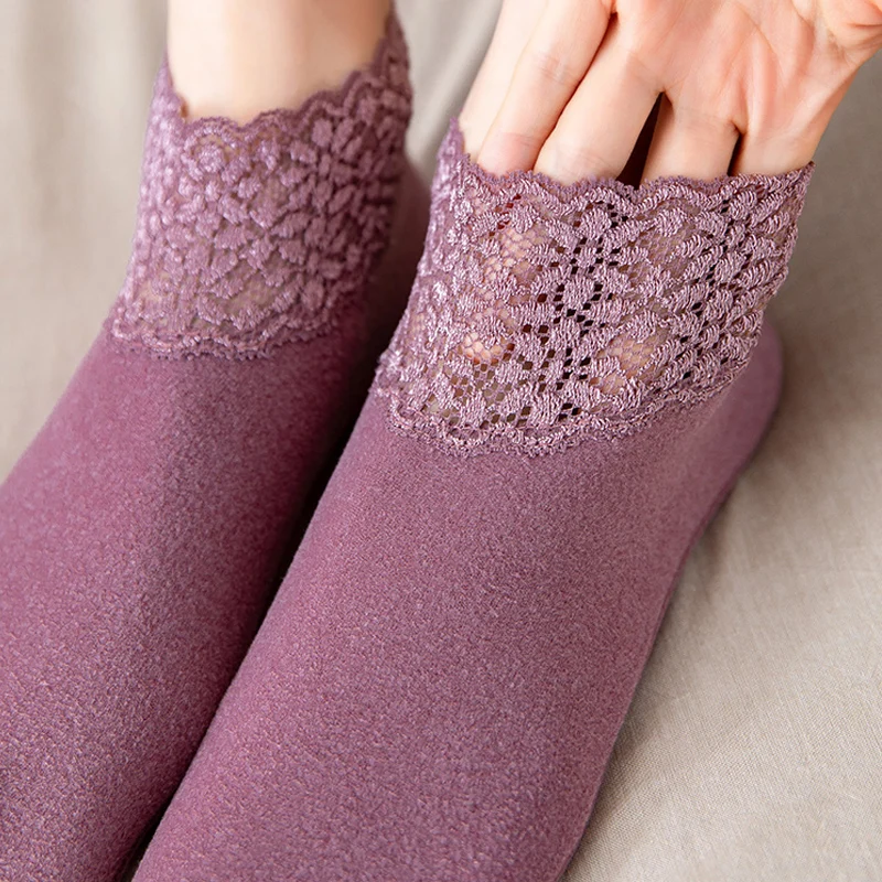 3 Pairs Women Winter Socks Warm Thicken Thermal Soft Solid Color Socks Wool Cashmere Snow Boots Velvet Lace Home Floor Sock